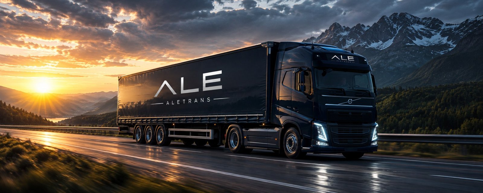 Aletrans truck on a mountain road at sunset